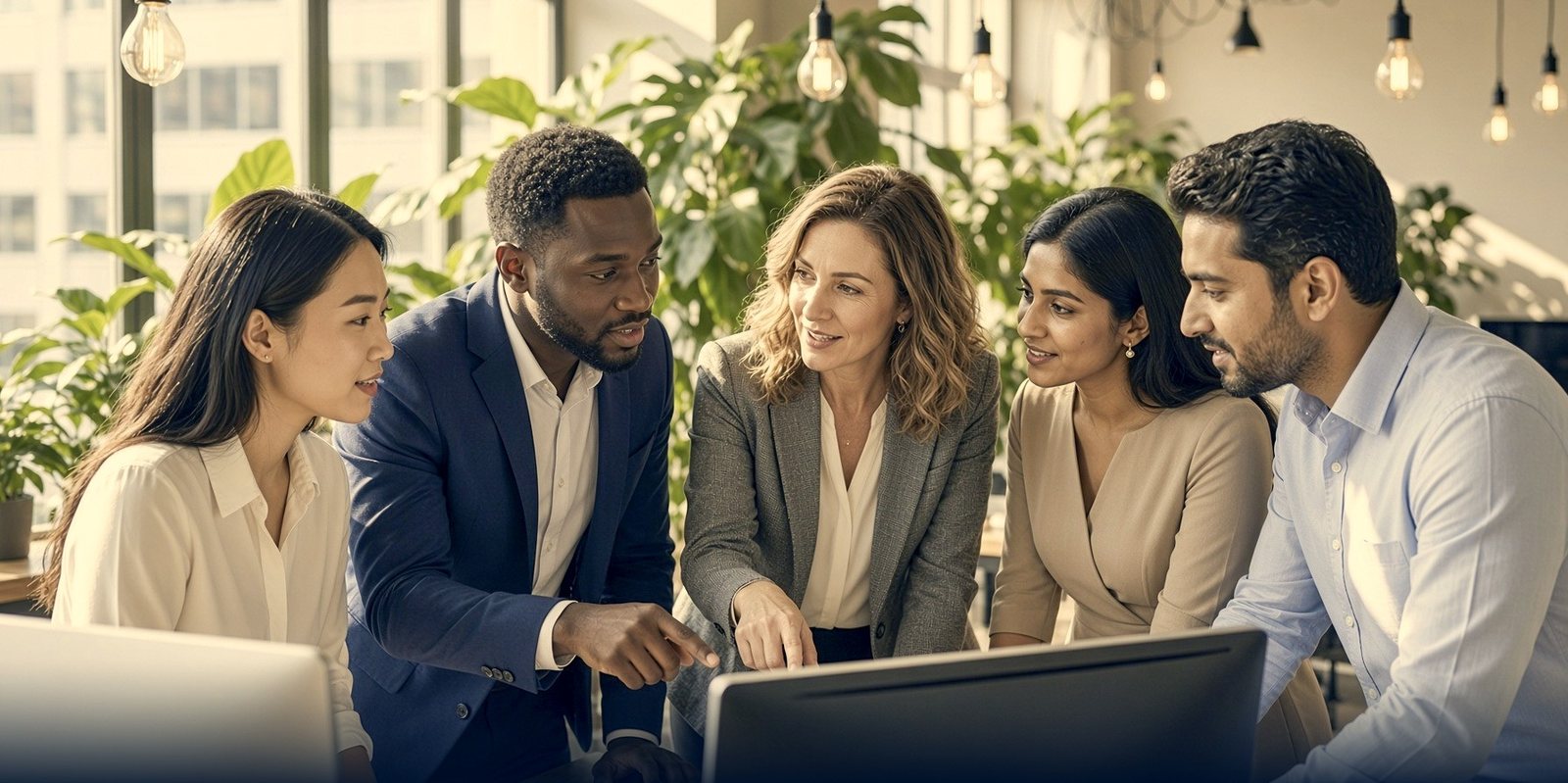 A diverse team of professionals collaborating around a computer in a modern office